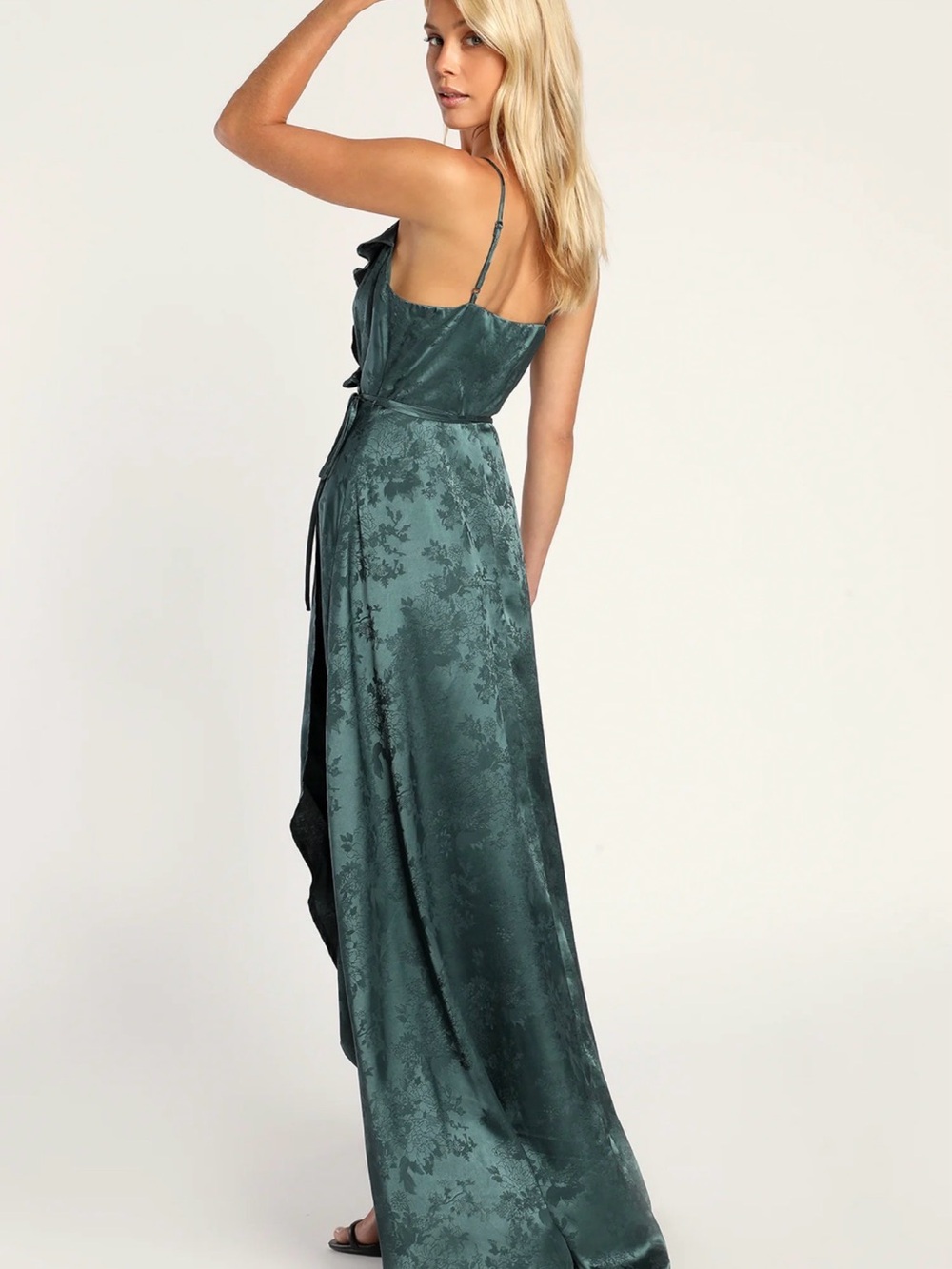 Emerald Green Satin Wrap Maxi Dress with slight tear - Picture 3 of 8